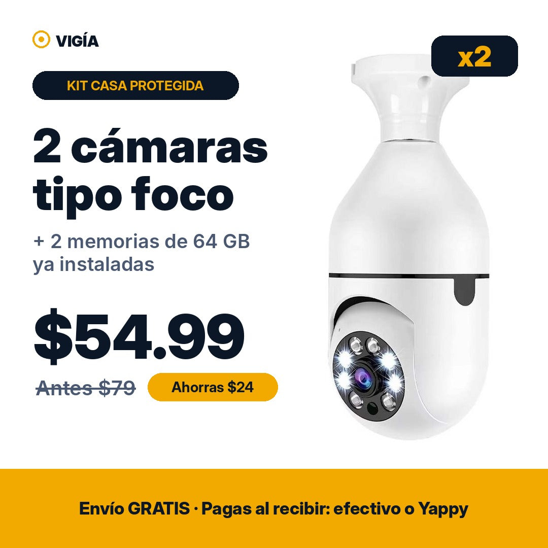 Kit Casa Protegida: 2 cámaras tipo foco WiFi 360° + 2 memorias de 64 GB por $54.99, envío gratis y pago al recibir en Panamá