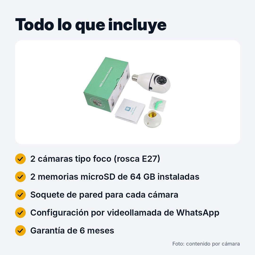 Qué incluye el kit: cámaras tipo foco, memorias microSD de 64 GB, soquete de pared, configuración por videollamada y garantía de 6 meses