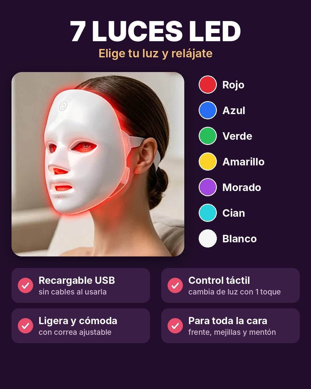 7 luces LED, recargable USB, control táctil