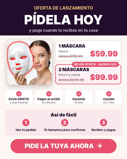 Oferta: 1 máscara $59.99 o 2 máscaras $99.99 - pagas al recibir