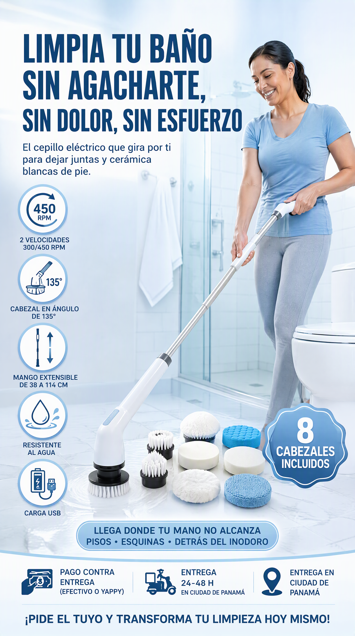 Cepillo eléctrico giratorio: limpia tu baño sin agacharte, sin dolor