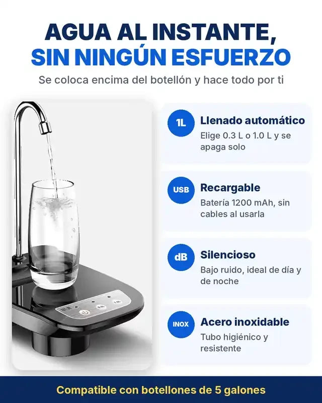 Agua al instante sin esfuerzo - llenado automático, USB, silencioso, acero inoxidable