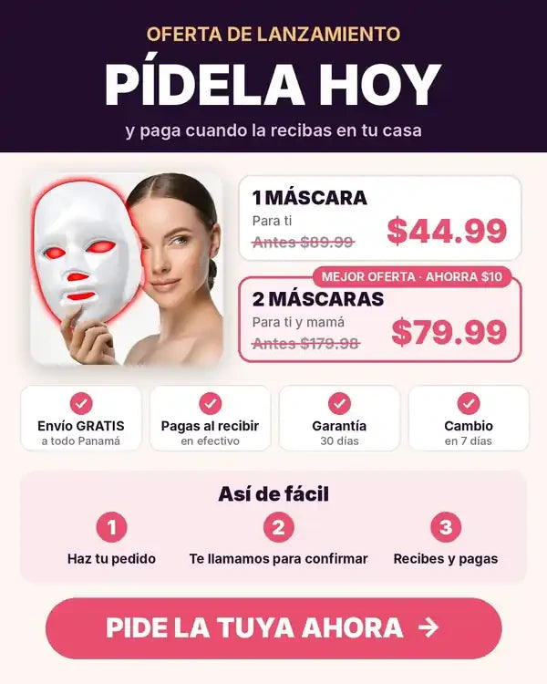 Oferta: 1 máscara $44.99 o 2 máscaras $79.99 - pagas al recibir
